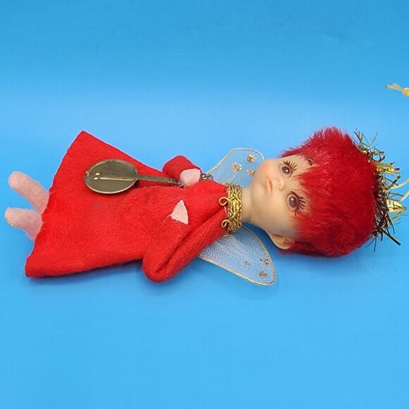Vintage 1950s Napco Red Hair Pixie Angel Ornament • Felt Elf Japan • Gold Tinsel - Picture 9 of 9